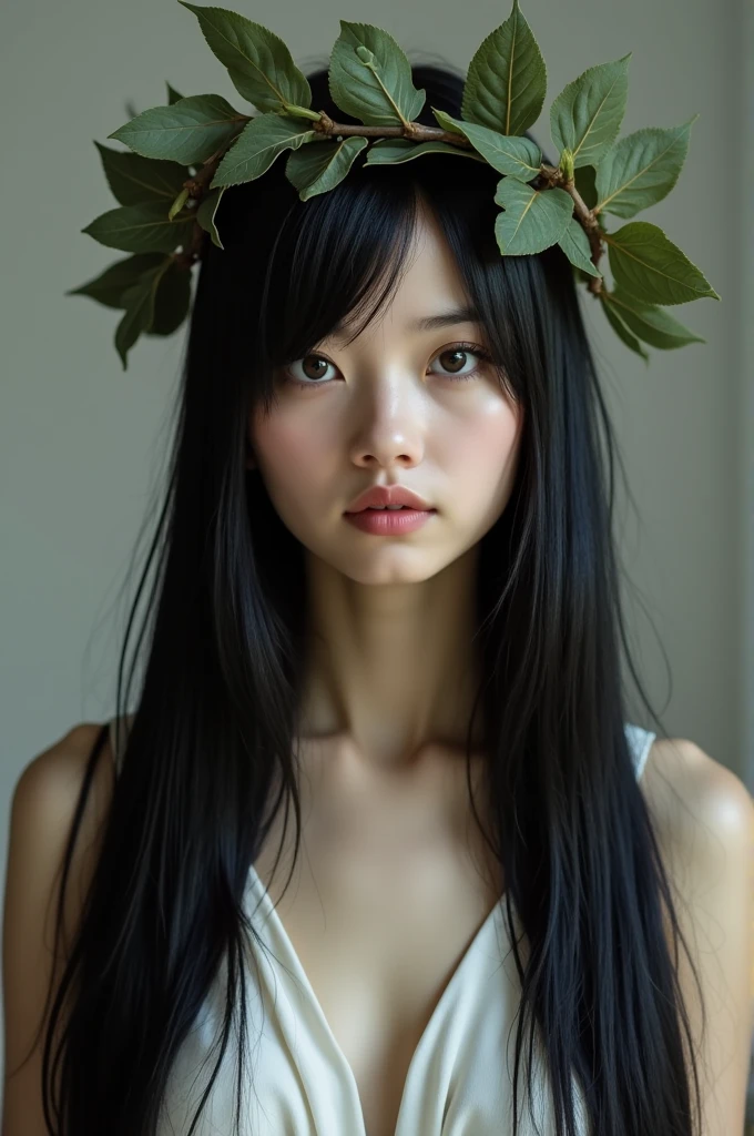 White girl with straight black hair, gorda, with Greek crown of leaves