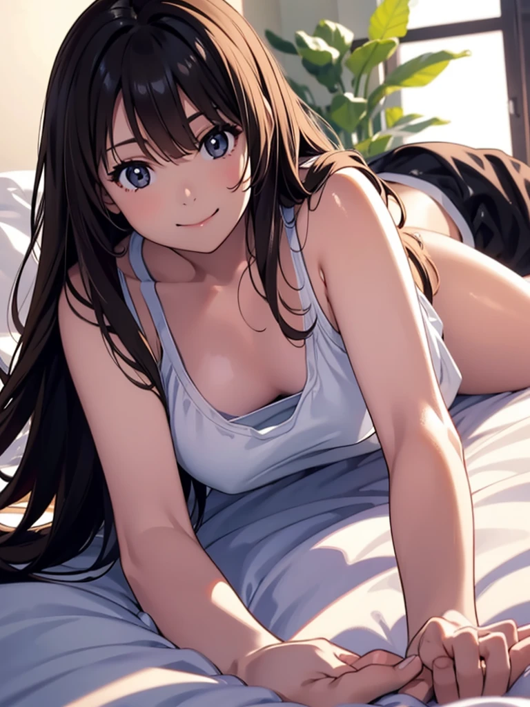 Woman, cute, adorable, smiling, straight hair, long hair, black hair, morning, sunny, looking at the camera, bedroom, sunlight, tank top pajamas, lying on bed,
on stomach,
on belly,
(put stomach on bed:1.3), (resting chin:1.3) on both hands:1.3