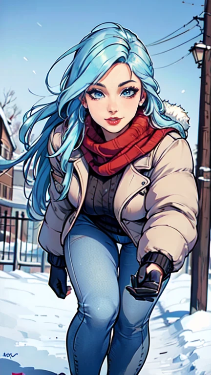 Masterpiece, raw, beautiful art, professional artist, 8k, art style by sciamano240, very detailed face, very detailed hair, 1 woman, perfectly drawn body, beautiful face, long hair, light blue hair , very detailed blue eyes , rosey cheeks, intricate details in eyes, playful smile, looking directly at viewer , in love with viewer expression, lipstick, wearing cute winter clothes, winter coat, gloves, sweater, scarf, thigh jeans, thigh boots, sunny winter day, walking, pov with viewer,