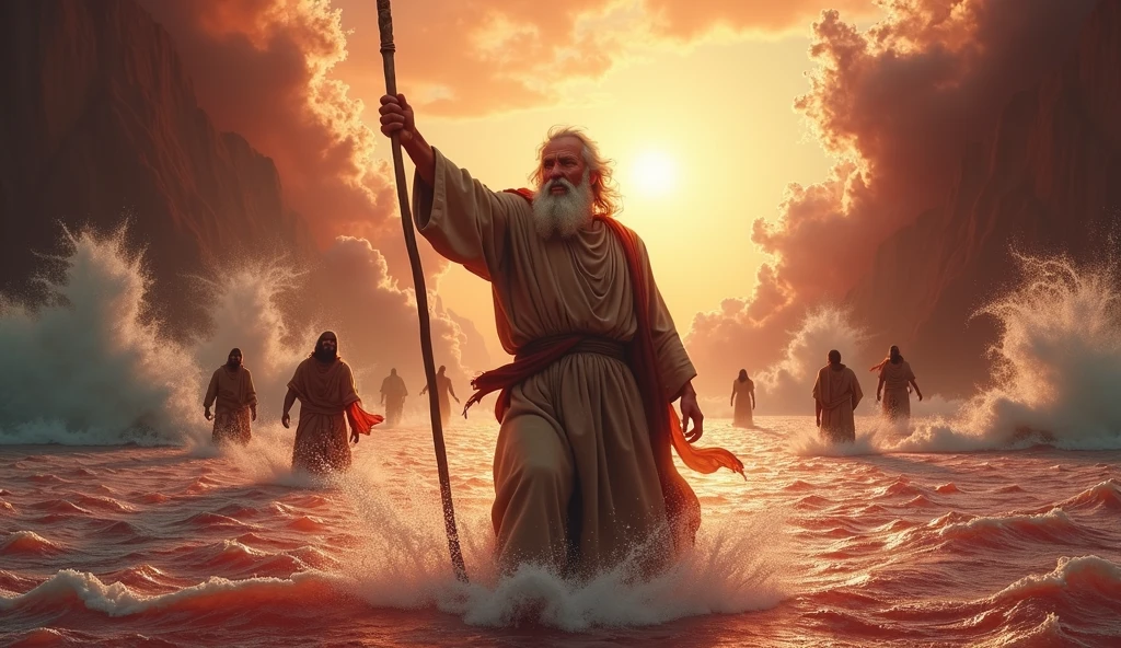 Moses raises the staff in his right hand and parts the Red Sea for the people of Israel to pass through.