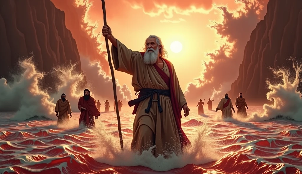 Moses raises the staff in his right hand and parts the Red Sea for the people of Israel to pass through.