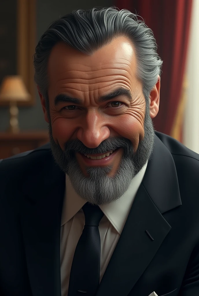 Create a fictional political character, black beard with white hairs, and black hair with white hairs too, but with a fake smile, he might be a little fat, and the beards and hair are not that big