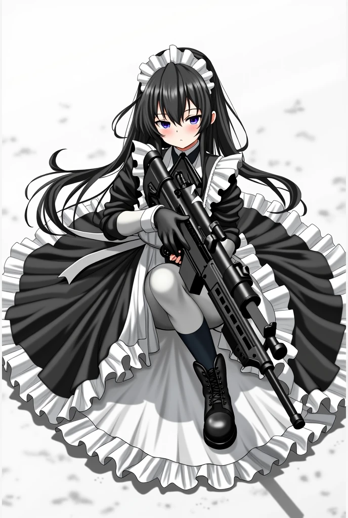 anime girl in black and white dress sitting on the ground holding a heavy sniper rilfe, (ponytail forehead hair pulled back:1.3), (black hair:1.3),1girl, solo, black hair, gloves, holding, weapon, boots, holding weapon, apron, gun, maid, maid headdress, sheath, rifle, maid apron, one knee, sniper rifle, scope, bolt action