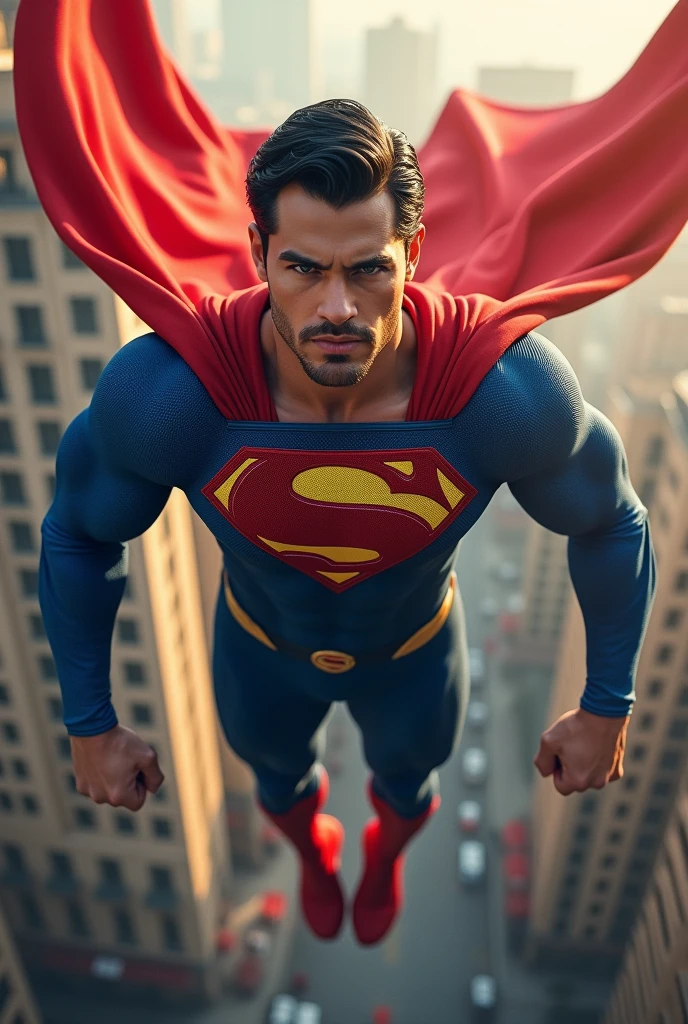 A Venezuelan Superman, with the Venezuelan shield on the chest as if it were Superman's S, and flying over the city of Caracas his cape is the color of the Venezuelan flag.