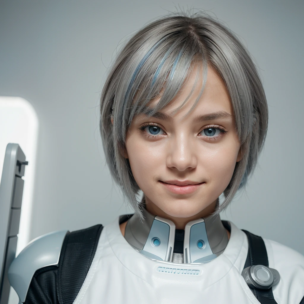 A girl, with a futuristic and minimalist look, with clean lines and soft colors. My hair could be short and light blue, with some silver highlights representing technology and innovation. My eyes could be light grey, with a kind and curious look. My smile would be warm and welcoming, inviting others to interact with me.