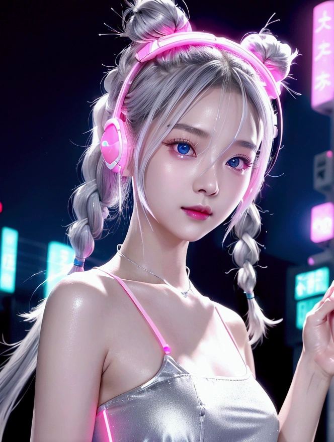 1 woman, Chinese_clothes, liquid silver and pink, Cyber Han,Japanese school uniform,White bra,White underwear with a bow, cyberpunk city, dynamic gesture, Glowing headphones, glowing hair accessories, long hair, glow earrings, Fluorescent necklace, cyberpunk, เมืองที่มีtechnologyสูง, full of mechanical and of the future elements, of the future, technology, glowing neon, pink, Light blue, Clear tool, Transparent beam, laser, City Sky Digital Background, Big Moon, with vehicles, best quality, Masterpiece, 8ก, Edge of character light, Extremely high detail, High quality, The most beautiful woman in humanity, smile a little, The face faces left and right symmetrically., Ear decoration, Beautiful iris light effect, Image data, I have silver-white hair, Hair is not messy, long hair,Two high bun braids hairstyle, Luminous electronic clock, deep eyes, be happy, English Doodle Writing