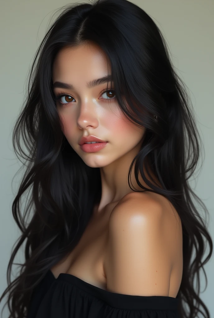  white girl with black hair with brown eyes full body. 