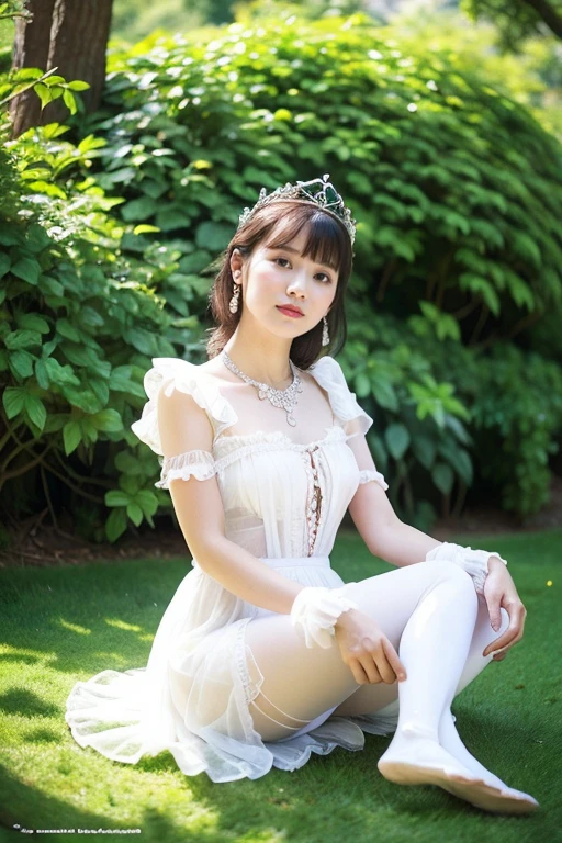 Girl in the palace garden,White princess dress with frills,tiara,necklace,Earrings,No lipstick,See-through tights,1,bangs,A small smile,feet,Straight hair,From below,Front light