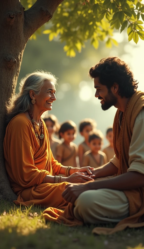 An elderly woman with a warm and kind face, dressed in simple, worn clothes that reflect her humble lifestyle. Her eyes sparkle with joy, and her smile is infectious, radiating happiness and contentment. She sits under a tree, surrounded by children, sharing stories and laughter. Despite her poverty, she exudes an aura of inner peace and fulfillment. Arjun approaches the old woman, who is still surrounded by the children. He is dressed in fine clothes, while she remains in her simple attire. The contrast between them is striking—his wealth versus her poverty, his troubled expression versus her serene smile. The moment captures the beginning of Arjun’s journey towards understanding true wealth.