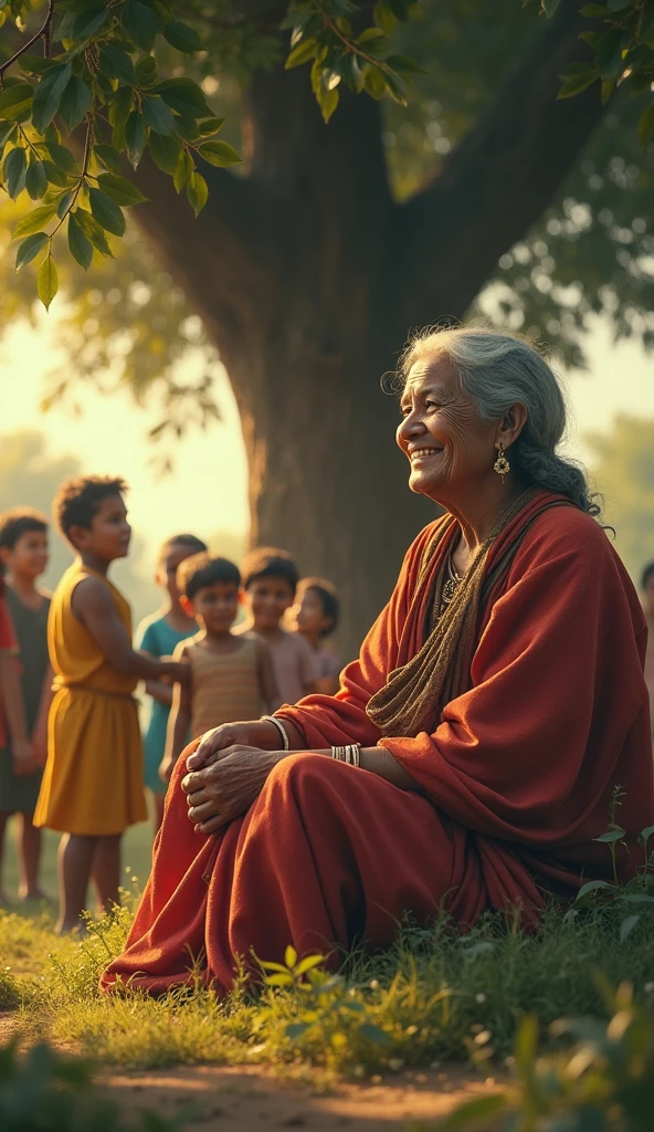 An elderly woman with a warm and kind face, dressed in simple, worn clothes that reflect her humble lifestyle. Her eyes sparkle with joy, and her smile is infectious, radiating happiness and contentment. She sits under a tree, surrounded by children, sharing stories and laughter. Despite her poverty, she exudes an aura of inner peace and fulfillment. Arjun approaches the old woman, who is still surrounded by the children. He is dressed in fine clothes, while she remains in her simple attire. The contrast between them is striking—his wealth versus her poverty, his troubled expression versus her serene smile. The moment captures the beginning of Arjun’s journey towards understanding true wealth.