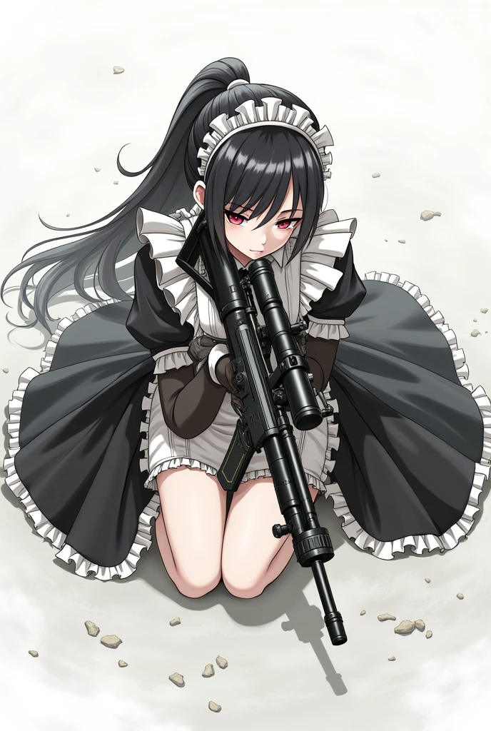 anime girl in black and white dress sitting on the ground holding a heavy sniper rilfe, (ponytail forehead hair pulled back:1.3), (black hair:1.3),1girl, solo, black hair, gloves, holding, weapon, boots, holding weapon, apron, gun, maid, maid headdress, sheath, rifle, maid apron, one knee, sniper rifle, scope, bolt action