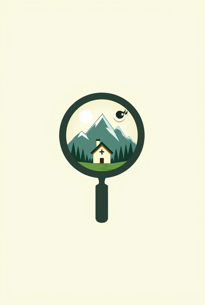 Logo for "Mountain Peek" with magnifying glass and a house inside it with one eye (with cute eyelash) and a green mountain background. Vector-like logo