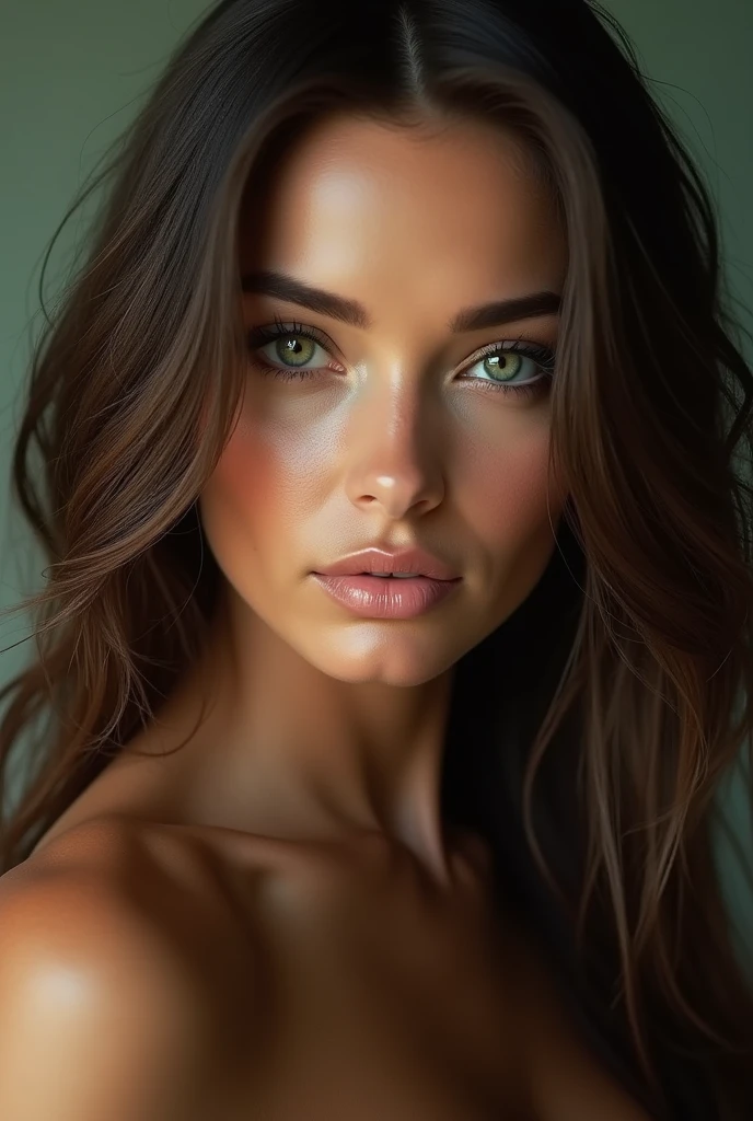 I want a beautiful woman with green eyes and long hair with a very sexy look., facefocus.