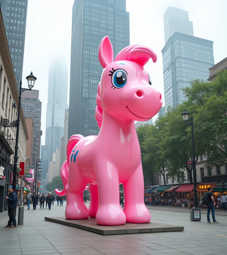 a giant pink pony blow-up doll on a square , (Practical, RAW photos, Ultra-fine transparent), Practical Light, city and street background 