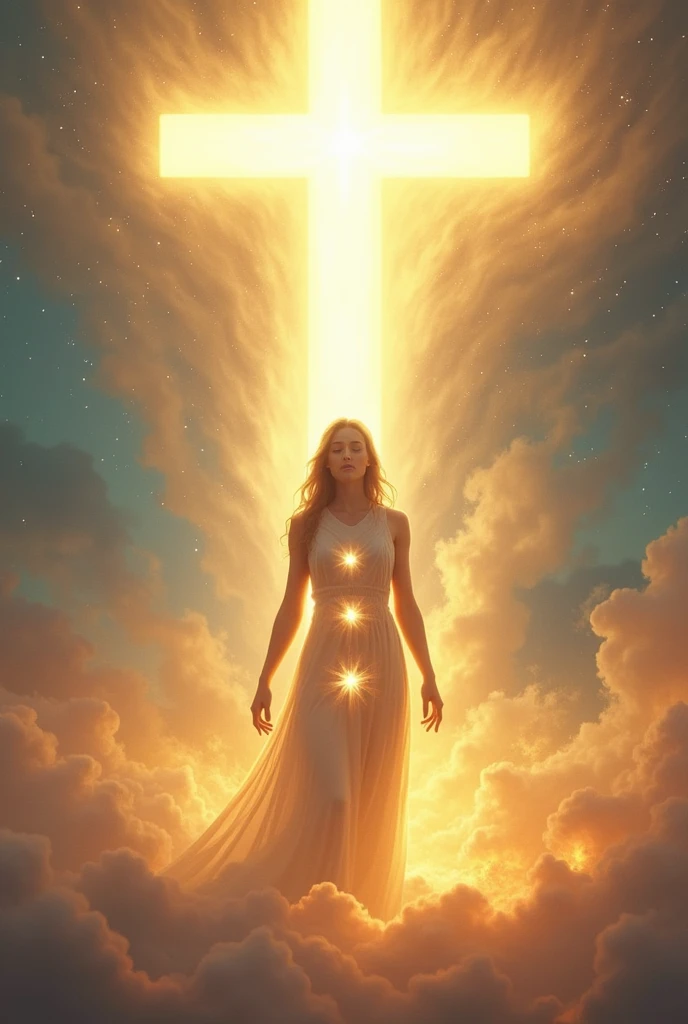 A person standing in the center, illuminated by a soft, yet powerful, golden light emanating from above. The figure's face is serene, eyes closed, as they are surrounded by a swirling aura of flames and light, symbolizing the Holy Spirit. Behind them, a large, radiant cross emerges from the light, with four distinct, glowing imprints on the person’s body, each representing a mark of the Holy Spirit. The background is a gradient of deep blues and purples transitioning into bright gold and white, creating a contrast that draws the viewer’s eye