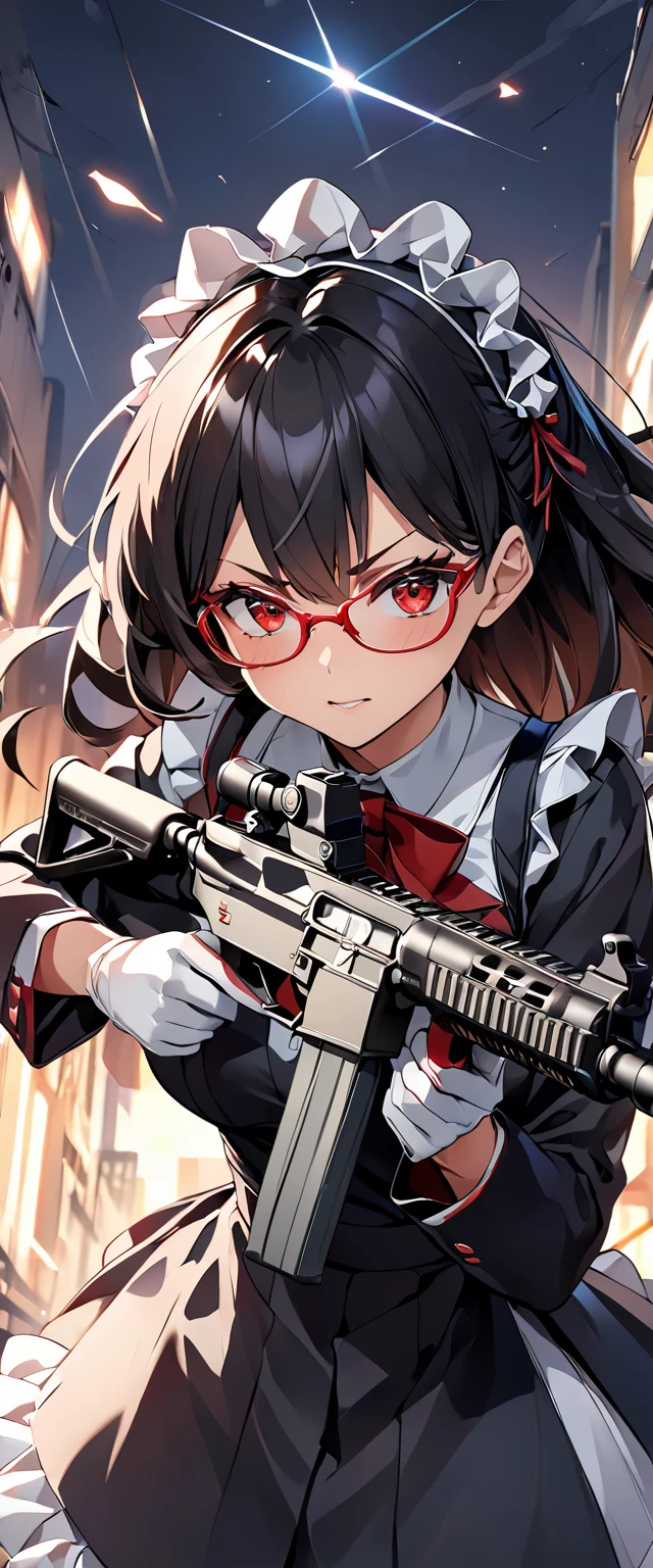 (Perfect Anatomy)、masterpiece、super high quality、 8k、masterpiece、Highest quality、Ultra-high resolution、Maximum resolution、Very detailed、Professional Lighting、anime、Adult female、thin、so beautiful、Very detailedな目、high school girl、Maid clothes、Equipped with an assault rifle、(((Scar L )))、Red Eye、Black Hair、Hangerless Long Gloves、Red glasses、Going into battle alone、(((Assault rifle and take aim))), (((random pose))), One woman