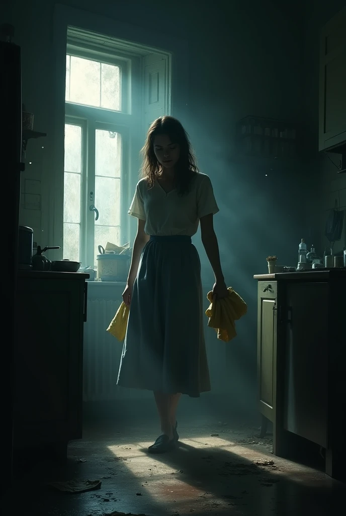 Dark image of a young woman cleaning the house