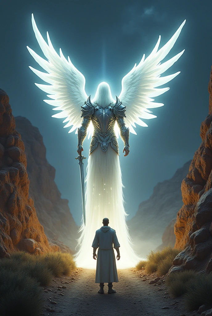 Powerful angel of light with armor and lots of bright light and a big sword in his hand, In front of the angel a man of the same size as the angel standing looking at the angel, The two of them are on a dirt road and on either side there are large rocks and it is night and there are bushes like in the desert