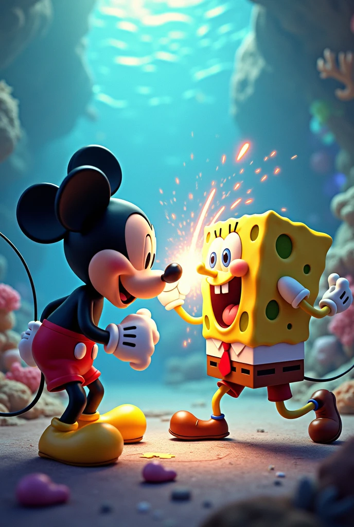 Mickey Mouse fighting Spongebob