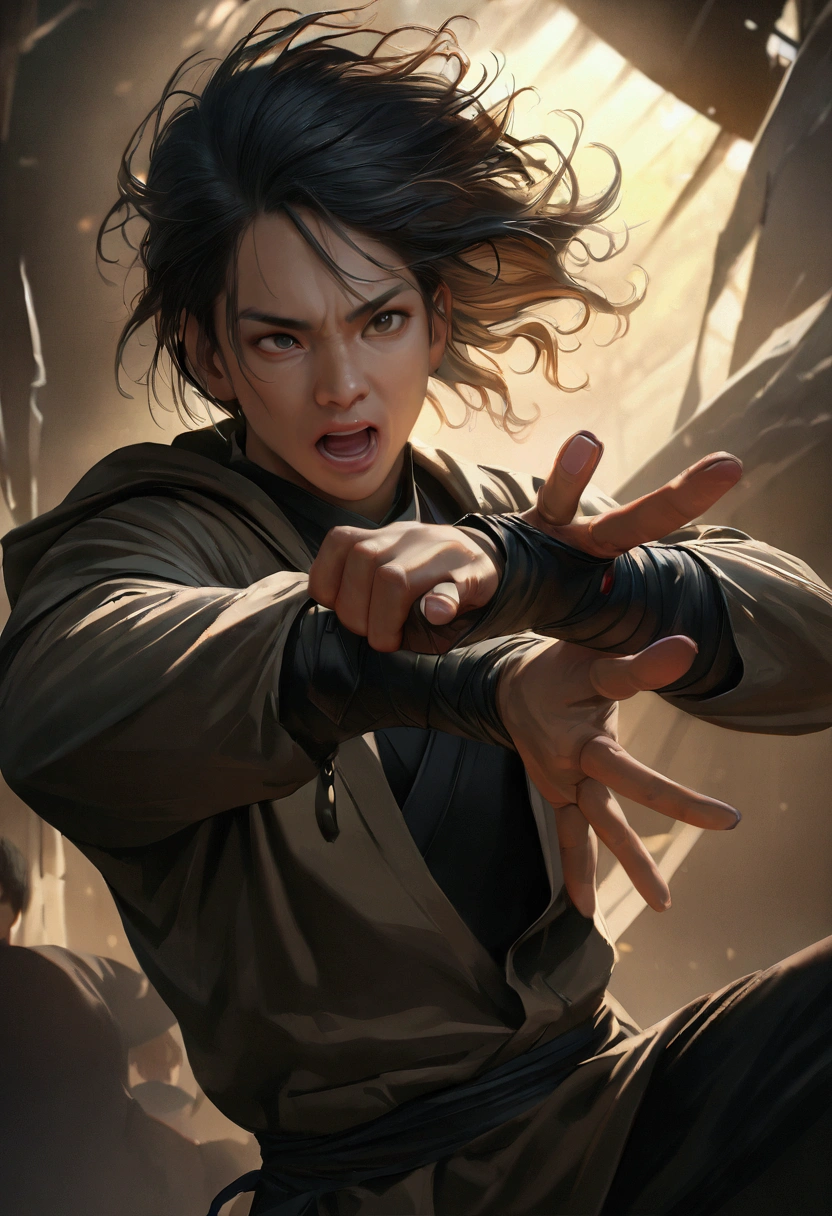 a male hooded ninja,two pistols in hands,all black anime style clothing,highly detailed,digital art,hyperrealistic,8k,professional illustration,chiaroscuro lighting,dramatic shadows,(best quality,4k,8k,highres,masterpiece:1.2),dynamic pose,intense expression,intricate details,dramatic atmosphere