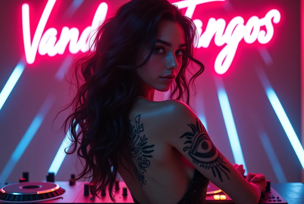 techno music, house music, dancing girls, DJ girl, headphone, realistic, high res, tank top, tattoos, piercing, brads, live music, class, Nightclub DJ, Dancing Inspired, Looking at Camera, Wide shooting, cinema lens, skin glowing,