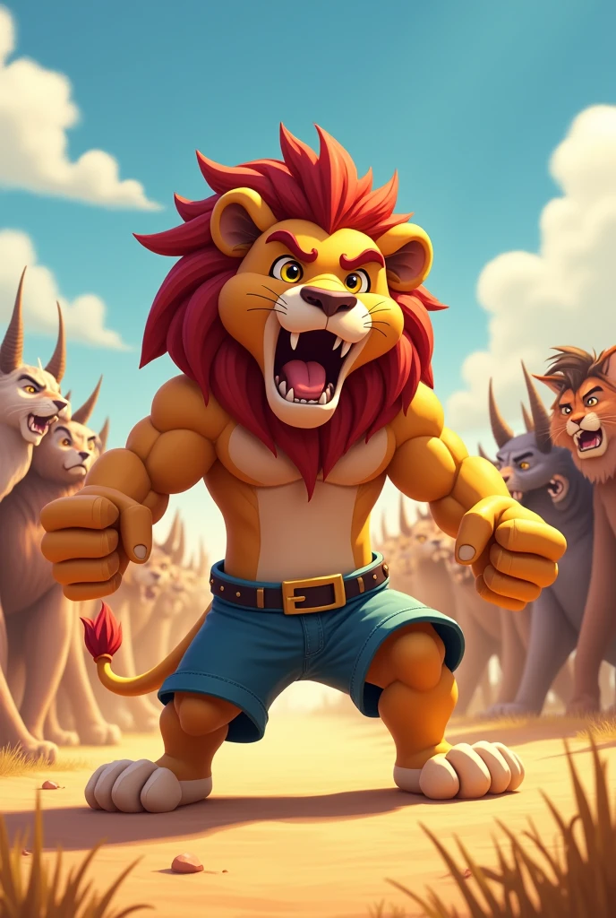 Detailed picture of a confident man anthro, (young Lion) taking a fighting pose on the middle of the savanna, roaring with his mouth wide open. trending on Art Station, Ross Tran, ruan jia, foxovh, ((determined expression, the other animals are clapping and cheering in the background, cartoon