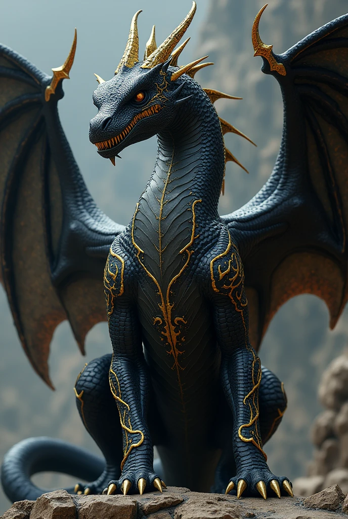A black dragon with realistic skin detail with golden “veins” and markings across the body and on the edges and ends of its body black dragon with golden details
