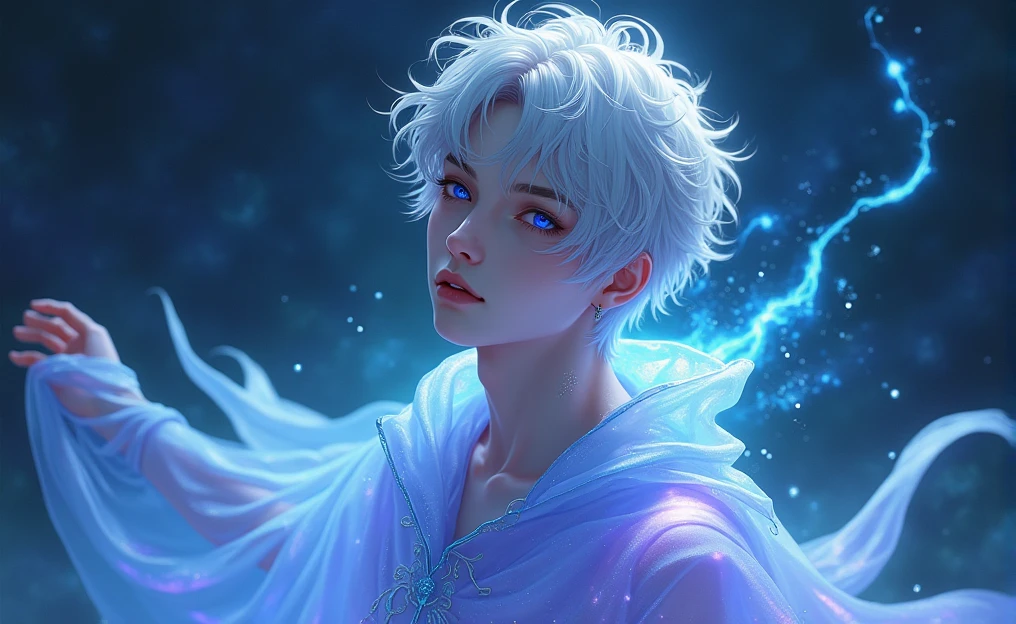 This image portrays an enchanting male character with a striking, ethereal appearance. The character has pale, almost porcelain-like skin and short, white hair that is slightly tousled. Their eyes are vibrant, with a shimmering quality that reflects a spectrum of blues and purples, giving them a mystical, otherworldly gaze. The character is draped in a translucent, flowing material that glows with shades of blue, purple, and aqua, reminiscent of the night sky or a galaxy. This material wraps around them, enhancing their celestial and enigmatic aura. The background also contributes to this theme, with a deep, cosmic ambiance filled with subtle, star-like patterns and light trails, which blend seamlessly with the character's attire. Overall, the image exudes a cool, serene, and magical atmosphere, with the character embodying a celestial or astral being, seemingly beyond the mortal realm. The interplay of light, color, and texture adds depth to the image, making it visually captivating and evocative of a dreamlike world.