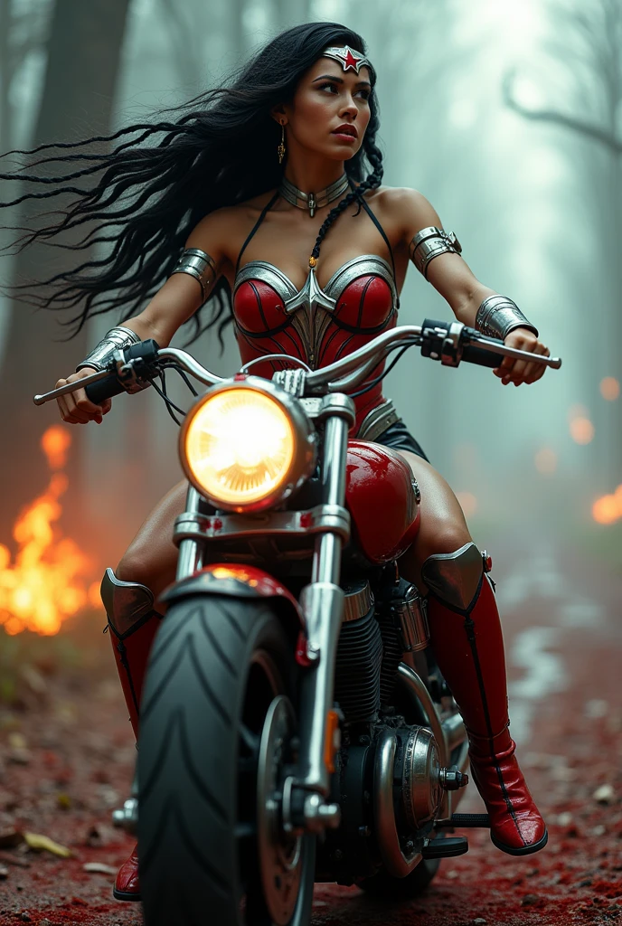 (((A beautiful woman riding a futuristic high-powered motorcycle (((Wonder Woman scale jumpsuit full body suit))),(((Corset rojo Wonder Woman))),(((Black hair gathered in a braided ponytail))),((((Hair six feet long blowing in the wind)))Silver metal diaema with a red star on its forehead Long silver bracelets Long red boots above its knees Blood around it (((cursed cemetery))),(((Bloody and terrifying images of a high-displacement red motorcycle