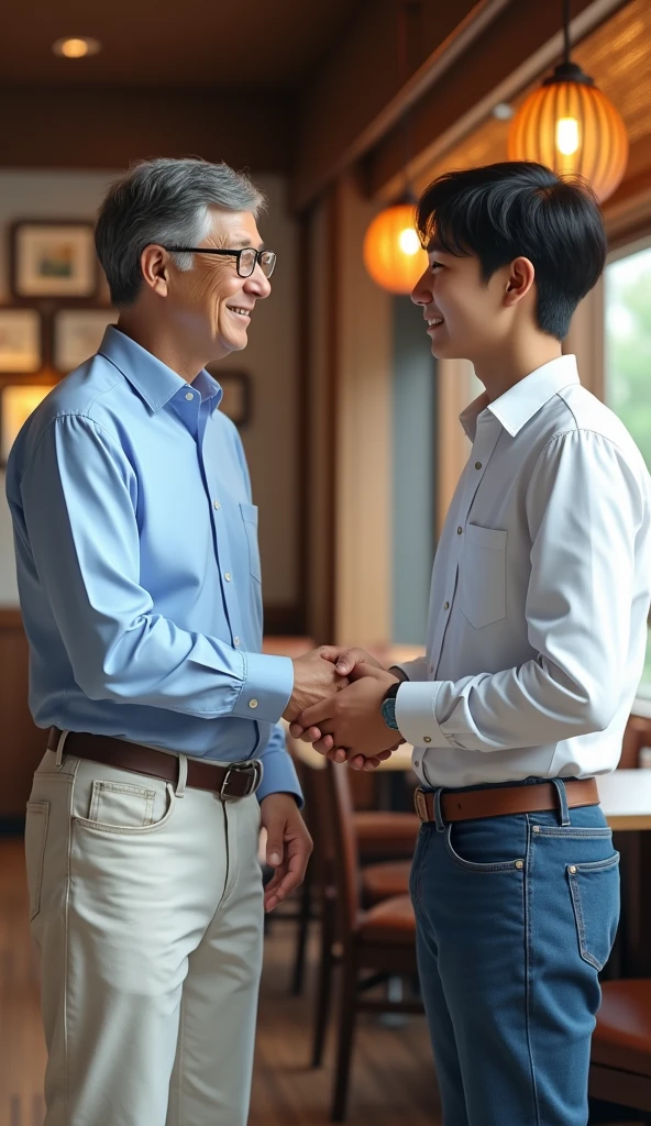 Picture of Korean Bill Gates in a restaurant wearing a light blue shirt / white , jeans estrechando la mano con joven coreano de pelo negro vestido con jeans azules y una camisa white