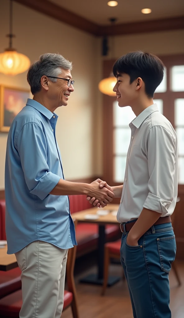 Picture of Korean Bill Gates in a restaurant wearing a light blue shirt / white , jeans estrechando la mano con joven coreano de pelo negro vestido con jeans azules y una camisa white