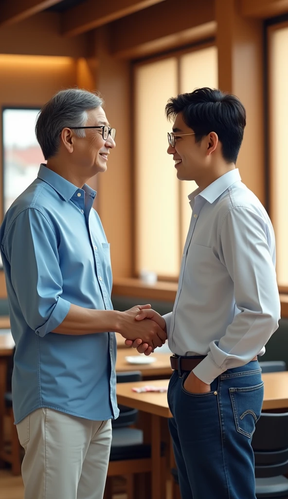 Picture of Korean Bill Gates in a restaurant wearing a light blue shirt / white , jeans estrechando la mano con joven coreano de pelo negro vestido con jeans azules y una camisa white