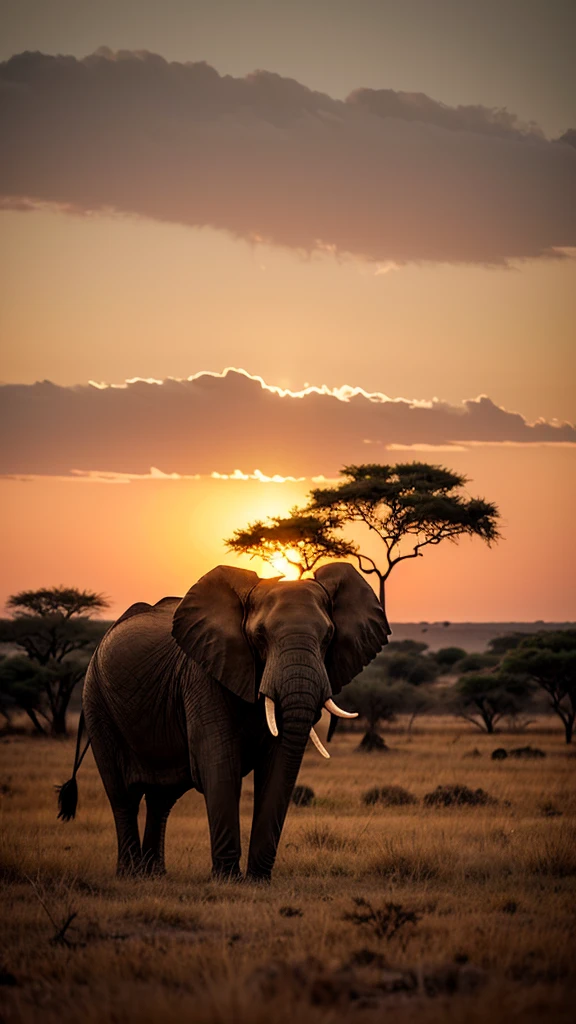 A solitary African elephant standing majestically in the quiet savanna during dusk. The landscape is calm and serene, with the elephant's silhouette framed by the last light of day. The atmosphere is peaceful, reflecting the timeless nature of the scene