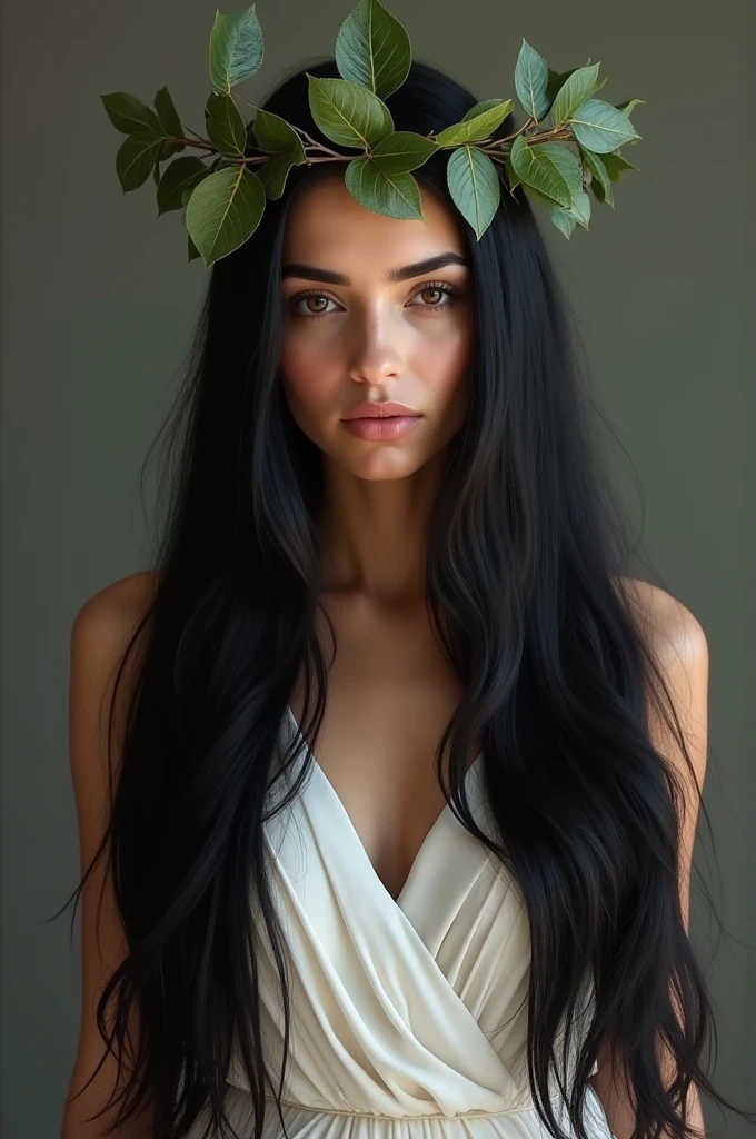 White girl with straight black hair, gorda, with Greek crown of leaves