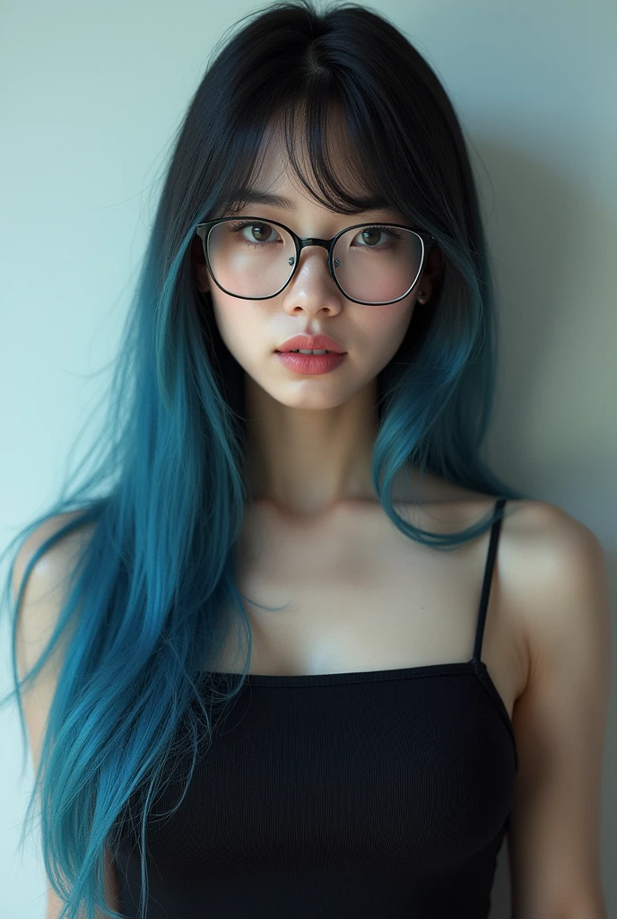 Korean face, long straight hair,mixed with black and blue, bigs boobs, pink lips,Using glasses
