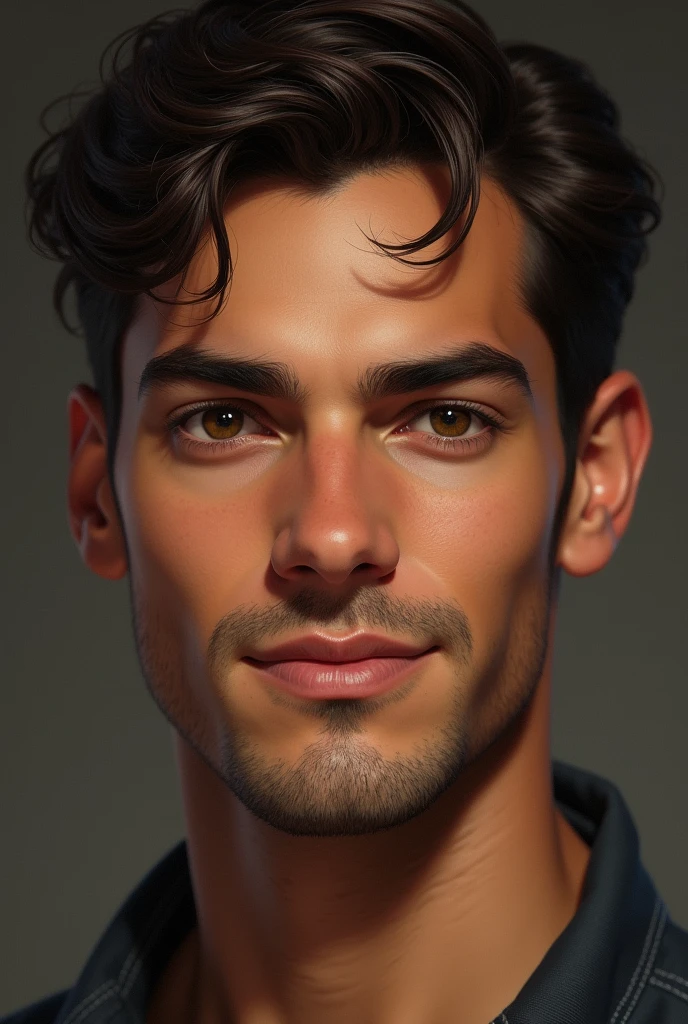 A man with a square shaped face. medium tone skin. Round and striking eyes, dark brown in color, with big eyelashes. Small and defined eyebrows. delicate nose. Medium and marked mouth, sweet smile, delicate and marked chin. Cheek with a hole. Dark brown social cut hair.