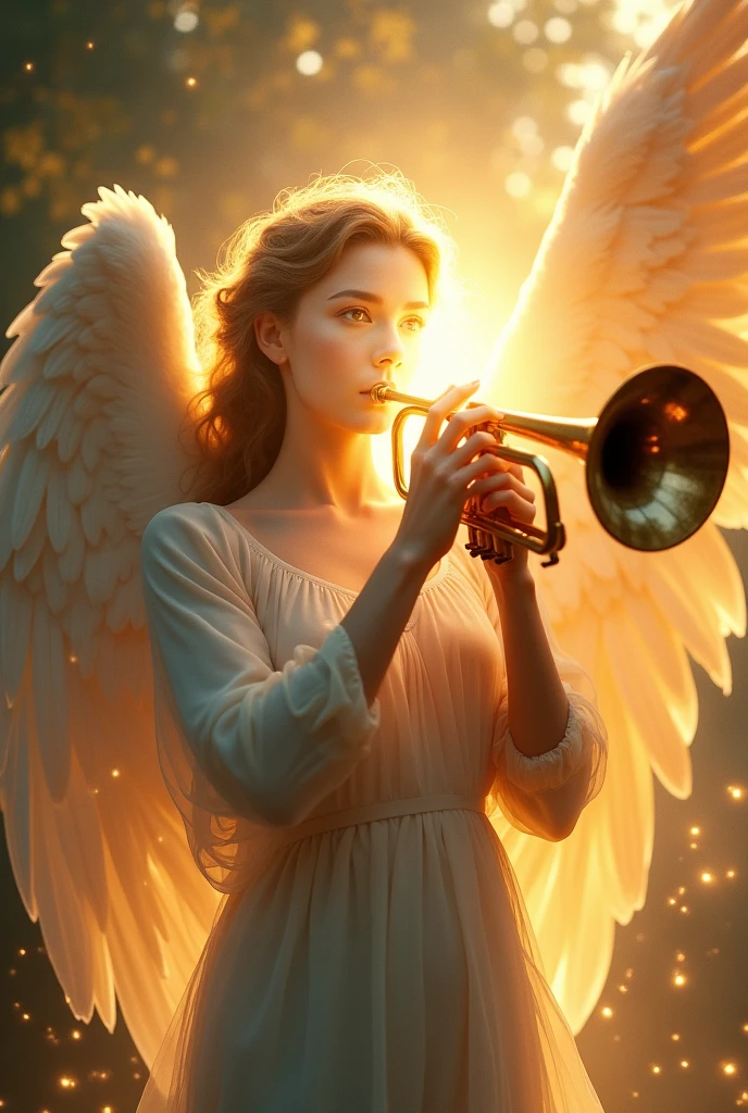 Angel playing trumpet with face covered in light
