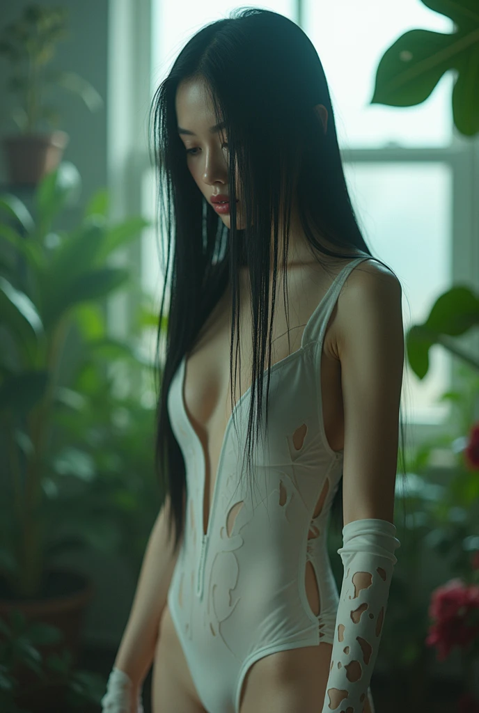editorial photography,super detailed background,Super realistic,double exposure,depth of field,beauty super slender skinny vides,soft focus tone,narrative scene,red blue green yellow Toxic fog,dark super long stright hair,female fused with white ceramics,Private room with many hause plants,wabi-sabi,complex structure,open lips,bare fangs,exotic apocalypse,sheer swimming suit,looking down,
