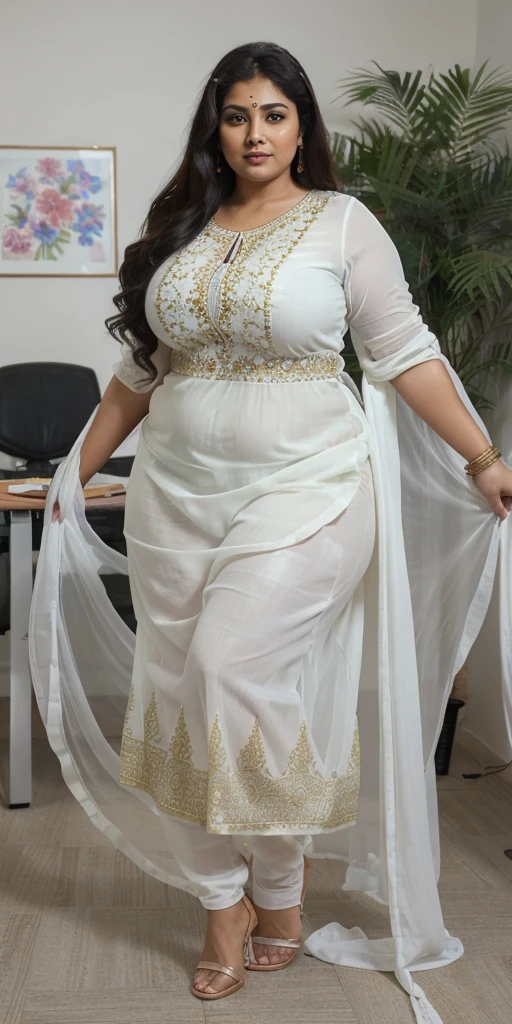 Day scene, A radiant, full-figured South Indian aunty a white colour chiffon fully transparent kurta, and leggings, ,standing, in a office captured in a full-body image with vibrant hues and meticulous details. Full body image