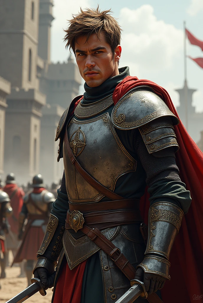 I need a warrior with light but complete armor and a dagger,
his hair is forward and brown and short, man the background of a castle with warriors