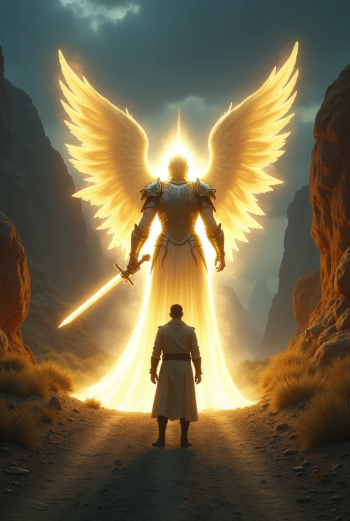 Powerful angel of light with armor and lots of bright light and a big sword in his hand, In front of the angel a man of the same size as the angel standing looking at the angel, The two of them are on a dirt road and on either side there are large rocks and it is night and there are bushes like in the desert