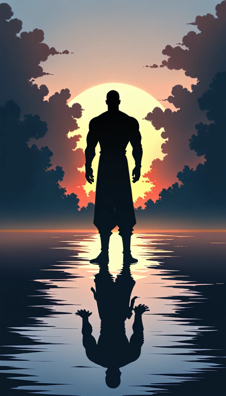 Two Strong Buddhist muscular man stands in the smoke, Two Man,Black jumpsuit, Very tight, Silhouette effect, Tall muscular man, Priapus, Dark Black, Dark black skin, Buzz Cut, His muscles are very developed, Very tall, short hair, Blend into the smoke, Lake, Reflection, Sunset, Sunset, Man silhouette, Chinese, black and white, Simple style