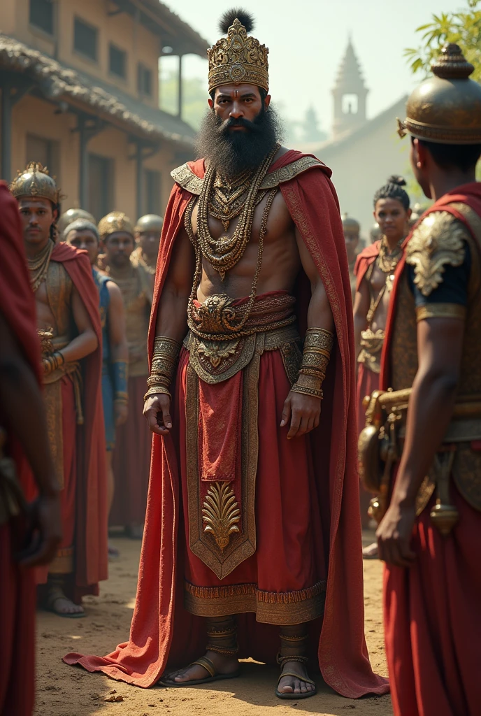 King Udayan in the Village: "King Udayan, in royal attire but with a humble demeanor, with him solider