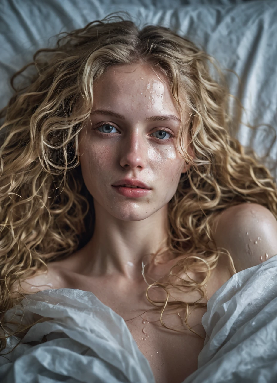 photo of a european girl, raw, beautiful woman, (Extra Long Wavy Blonde Hair), ((portrait)), ((detailed face:1.2)), ((rasgos faciales detaileds)), (finely detailed skin), Pale skin, naked, wrapped in a sheet, bedroom environment, Lying on the bed, (cold color), Wet, Wet, Reflectors, (mesa) (perfect proportions)(Realistic photos)(Best Quality) (detailed) photographed with a Canon EOS R5, 50mm lens, f/2.8, NffSW, (8k) (Wallpaper) (cinematic lighting) (dramatic lighting) (sharp focus) (complex) fashion, from above
