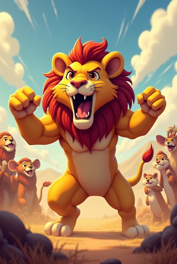 Detailed picture of a confident man anthro, (young Lion) taking a fighting pose on the middle of the savanna, roaring with his mouth wide open. trending on Art Station, Ross Tran, ruan jia, foxovh, ((determined expression, the other animals are clapping and cheering in the background, cartoon