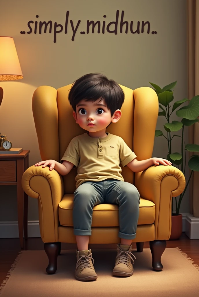 A boy sitting on a big chair with _simply_midhun_ written behind