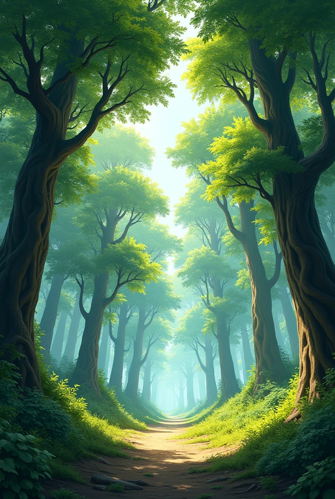 Naruto type fighting forest but only the forest, clear and with trees to climb with a view of the front