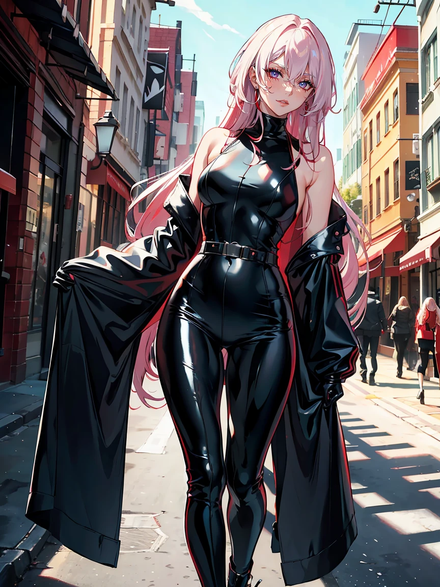 Long white AND RED hair, crimson eyes, evil, sexy, black and red clothes, evil face, evil, serious look, gloss lips, sinister, front look, bloody, gloves, close up, portrait, beautiful eyes, big white, dark place, night, sensual, straight hair cut, clear skin, evil, young 30 years girl, adult girl, solo, red, very long hair, ankle length hair, handsome older WOMAN，crimson-eyes，crimson pupils，Long white hair，Hyperresolution，accuracy，Detailed rendering,（Image of fine hair）（topquality）（Masterpieces of masters）（High degree of completeness）（A sense of atmosphere）tmasterpiece，Super detailed and super detailed（((full-body)))(((Sexy black loose latex outfit)))(((Baggy street outfit latex)))