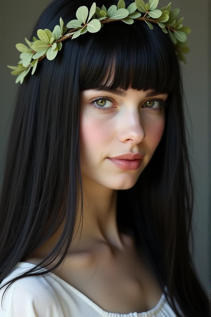 White girl with straight black hair, gorda, with Greek crown of leaves