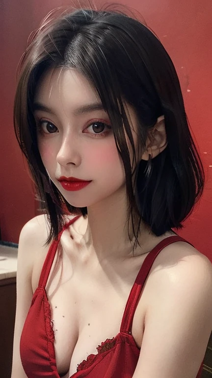 (masterpiece, high quality, Fisheye Lens:1.2), (Close-up portrait:1.1), alone, Model photoshoot, (red theme:1.1), Snazzy, dora, Brown Hair, Brown eyes, red lipstick, red eye shadow, red面, (freckles:0.7), (European, 2:1.3), sexy, Pure innocence, (A light smile:0.8), Prostitute vibe, in love, simple red dress, Cleavage, Detailed and natural skin texture, A seductive gaze, Detailed lighting, (red:1.1) Wall Background, Shallow depth of field, Romantic atmosphere, Dreamy pastel palette, Whimsical details, captured on film, Browsing Caution 